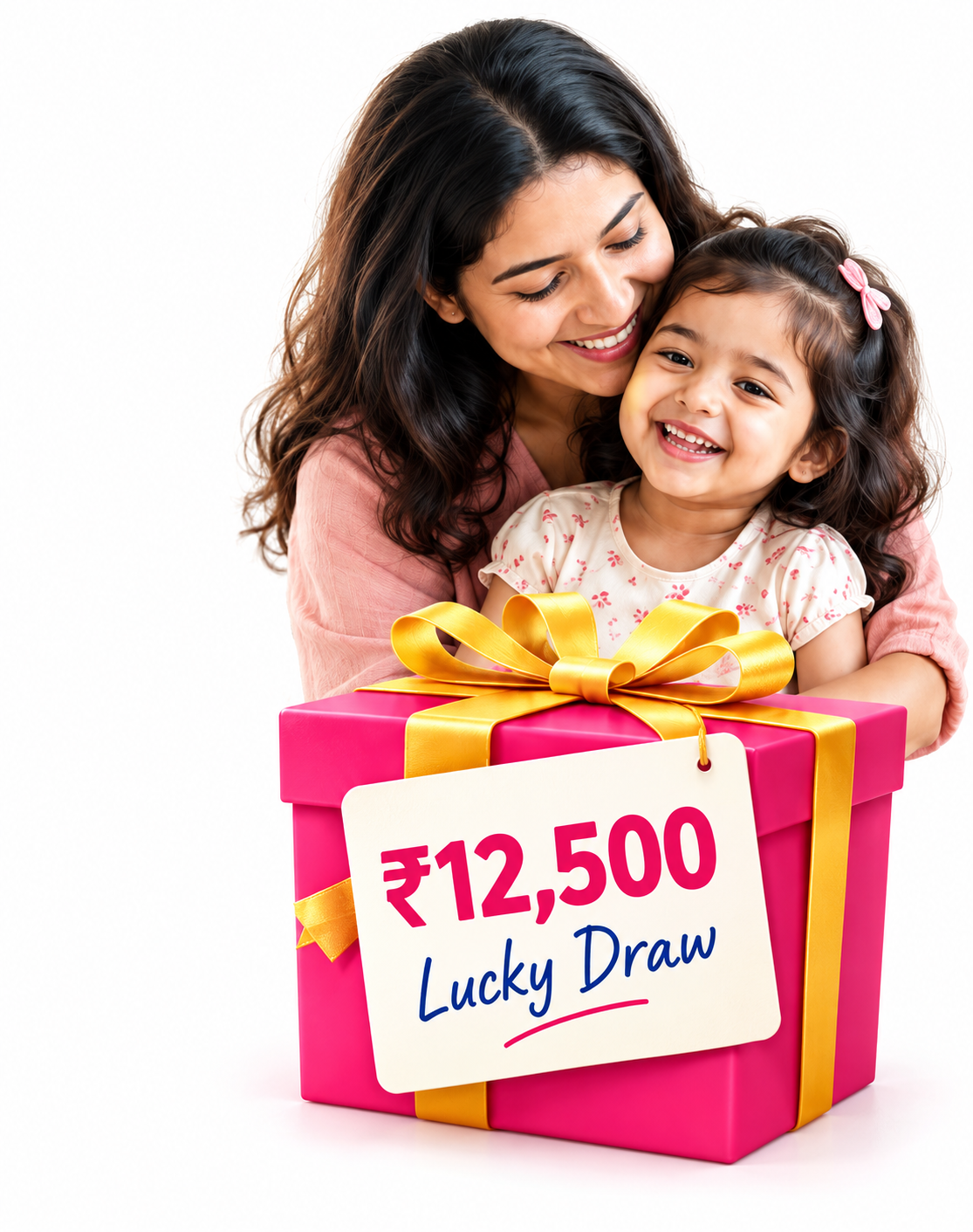 A smiling mother and daughter beside a gift box